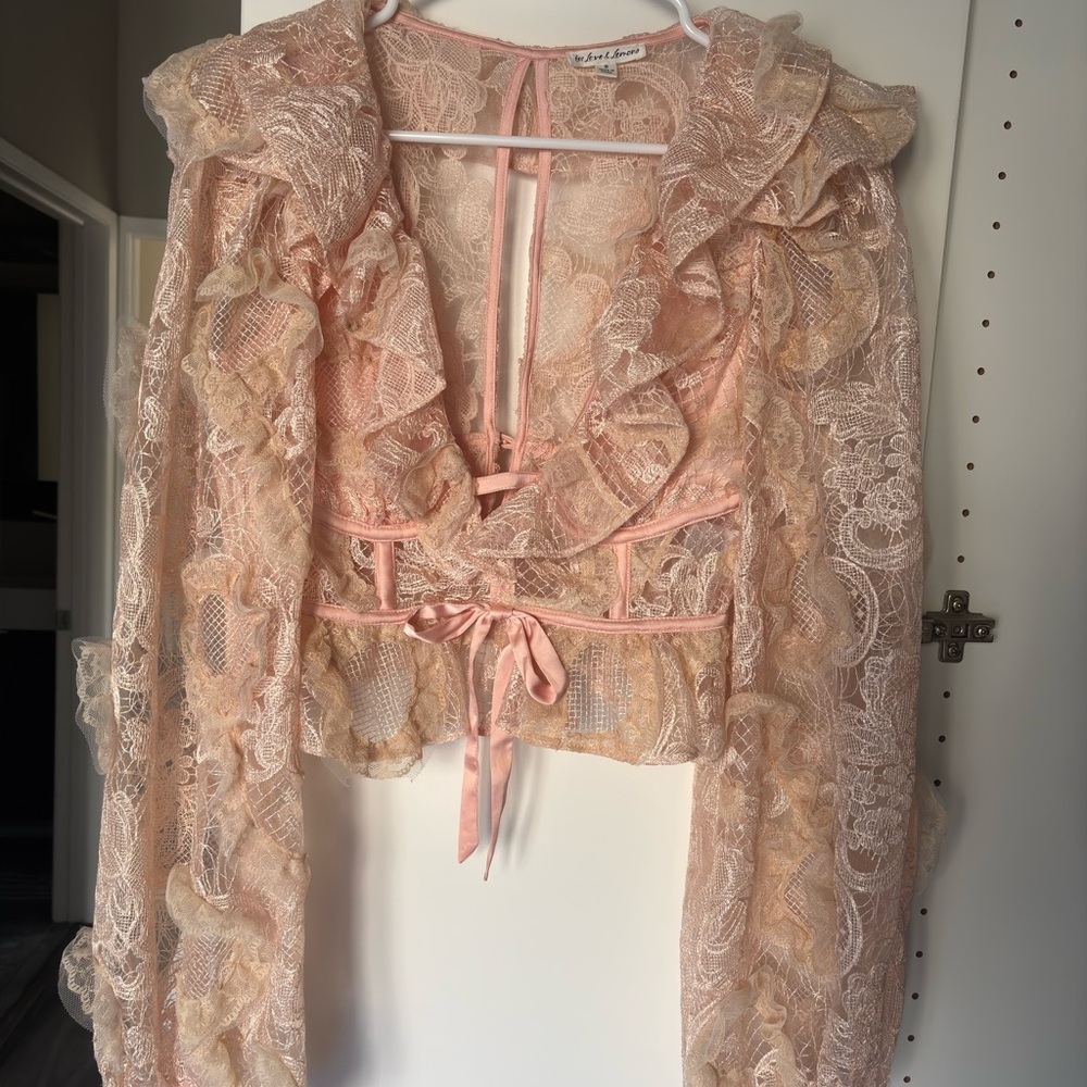 For Love And Lemons Pink Ruffled Sheer Blouse